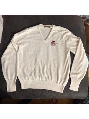 Vintage Lyle & Scott RMCC Invitational V-Neck Sweater White Large Sherwood CC